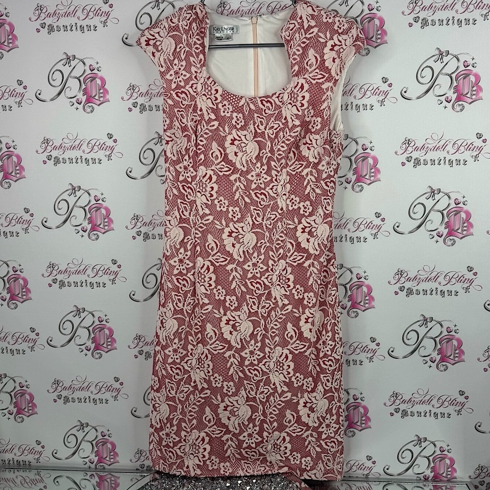 Kay Unger dress floral stretchy luxe Lacie flower Red and Cream Lace Dress